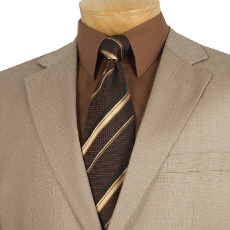 Vinci Regular Fit 2 Piece Beige Suit jacket, solid pattern, with visible collar, front buttons, and a tie.