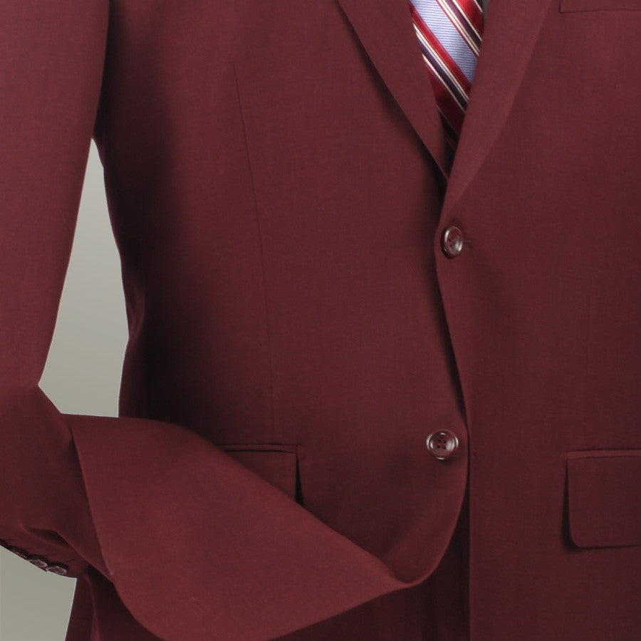 Vinci Regular Fit 2 Piece Burgundy Suit jacket, solid, showing a tie, shirt collar, front buttons, and a chest pocket.
