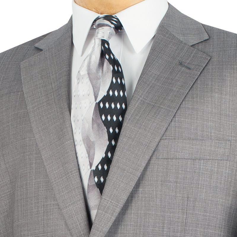 Solid gray Regular Fit 2 Piece Suit, showing the dress shirt's collar, front button, and accompanying tie.