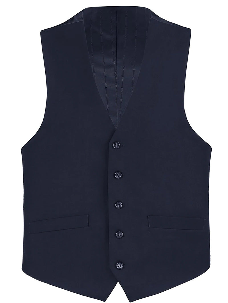 Close-up of a solid Navy wool pocket on the Renoir Bevagna Collection 5-button regular fit suit dress vest.