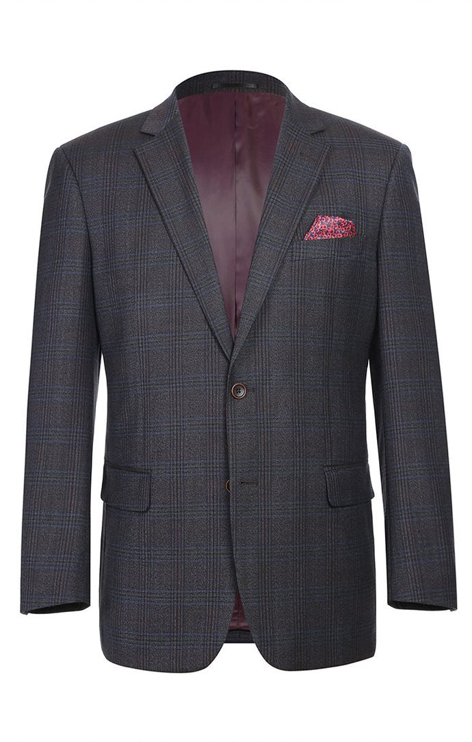 Wool Blend Plaid Pattern Regular Fit 2 Button Blazer in Burgundy