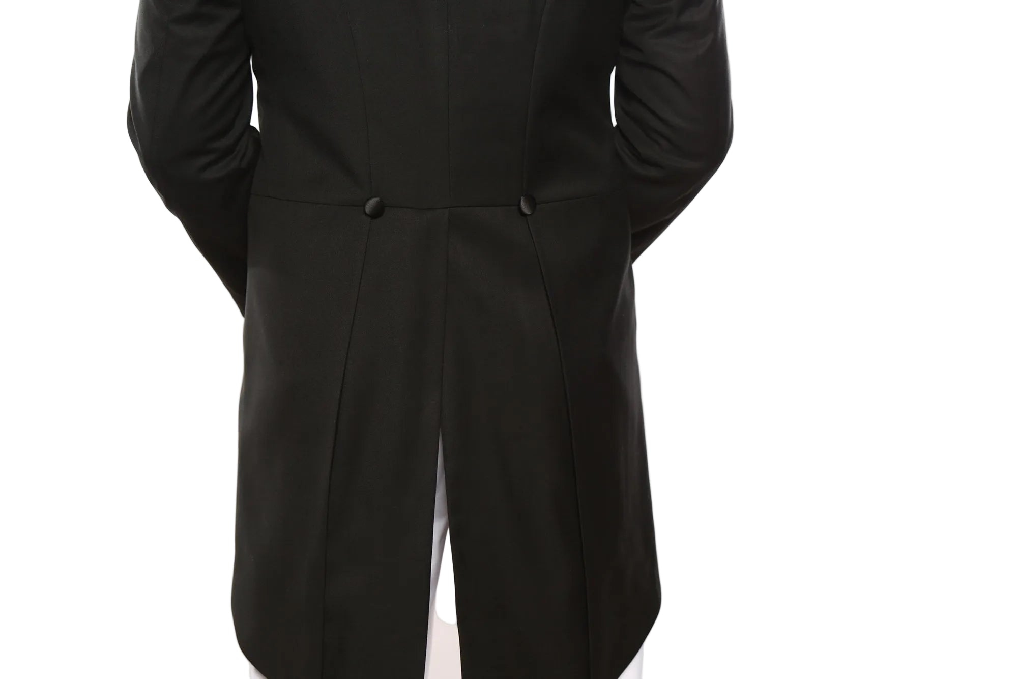 Solid black Classic Full Dress Tuxedo Tails 2 Piece Regular Fit, showing collar, buttons, and a pocket on a white background.