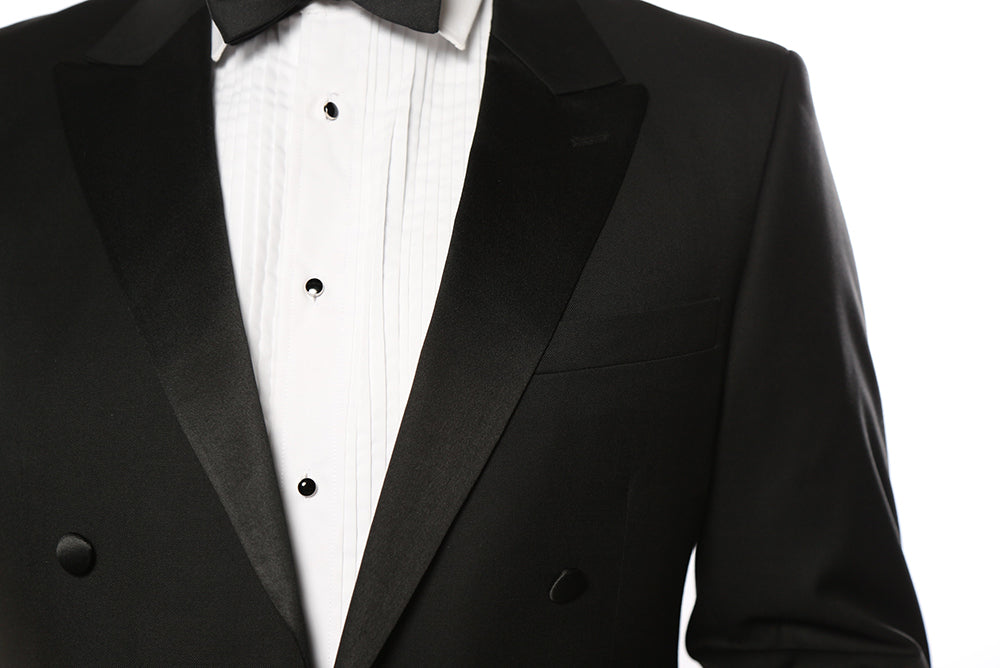A solid black Classic Full Dress Tuxedo Tails 2 Piece regular fit jacket with collar, buttons, pockets, and a bow tie.