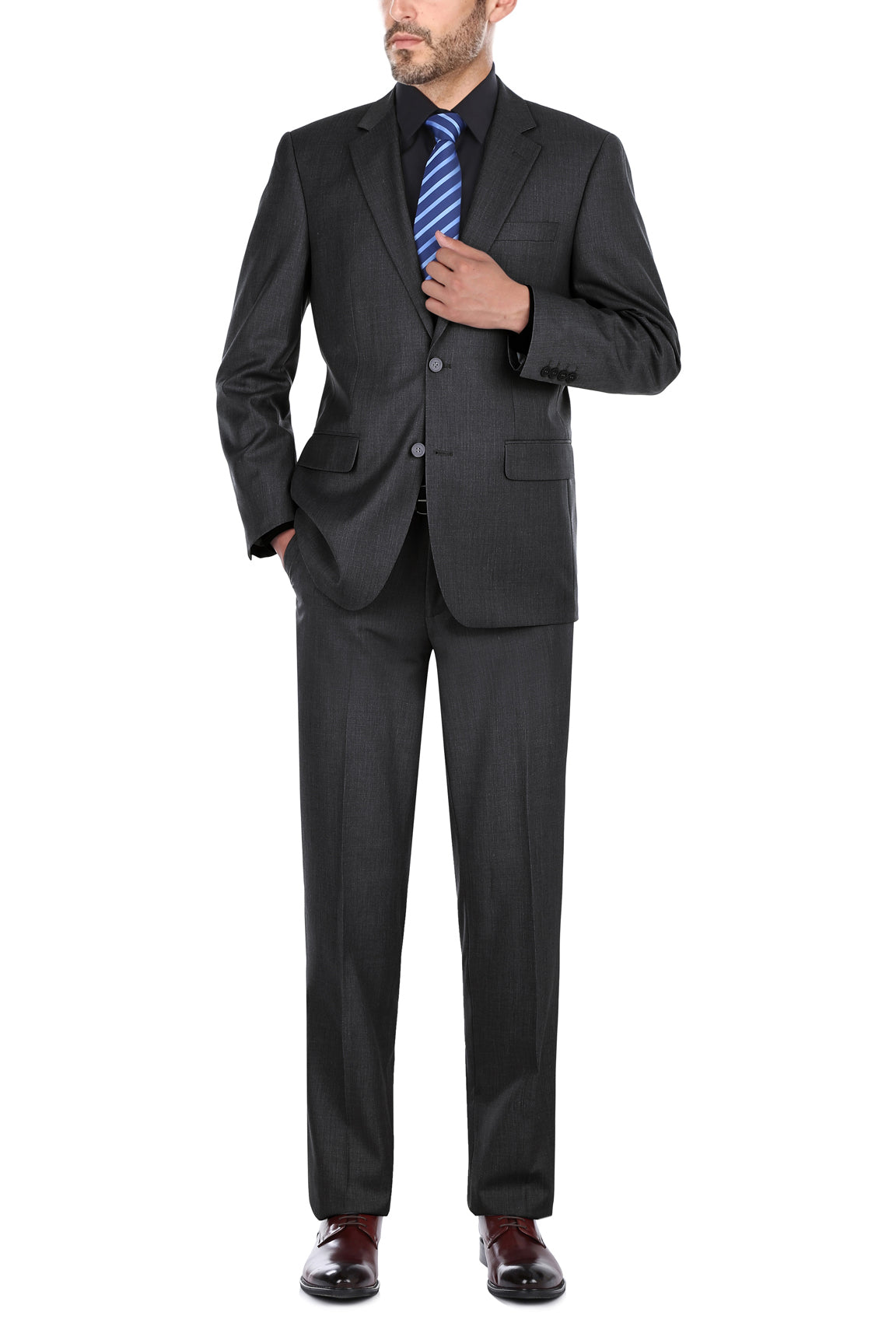 Charcoal grey wool suit jacket with notch lapels, two-button closure, flap pockets, light blue shirt.