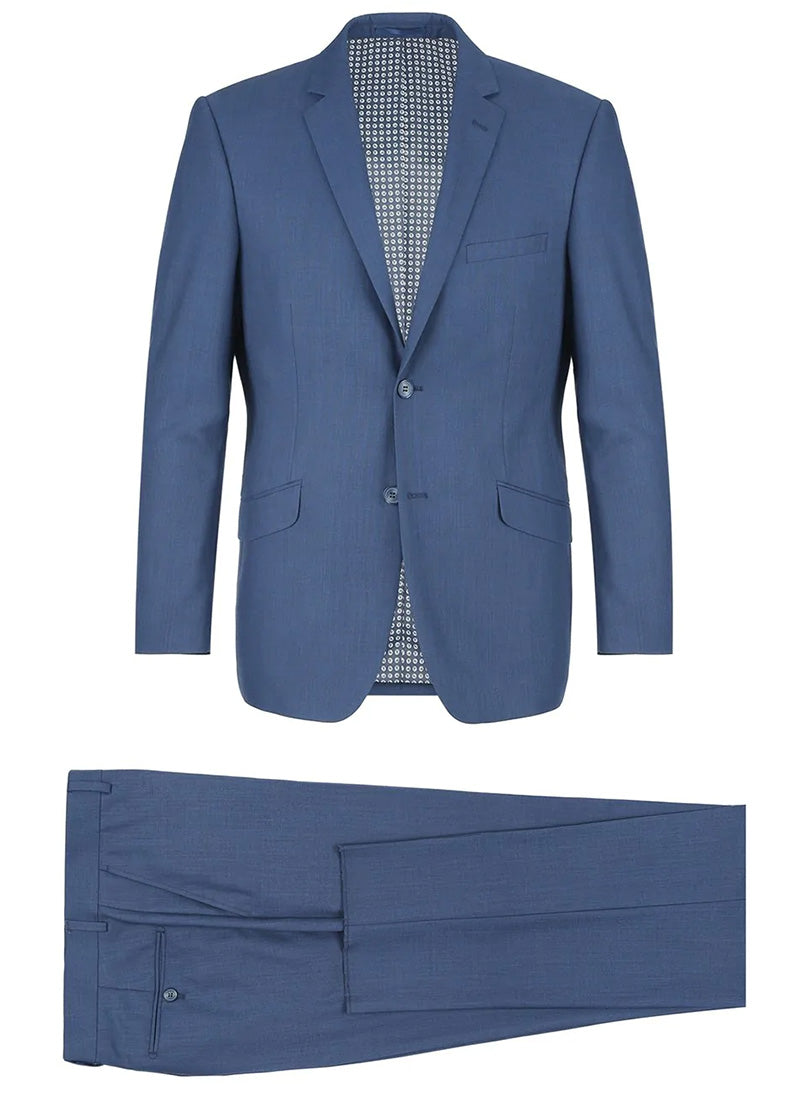 Renoir solid blue Regular Fit 2 Piece Notch Lapel 2 Button Suit jacket, showing collar, buttons, pocket.