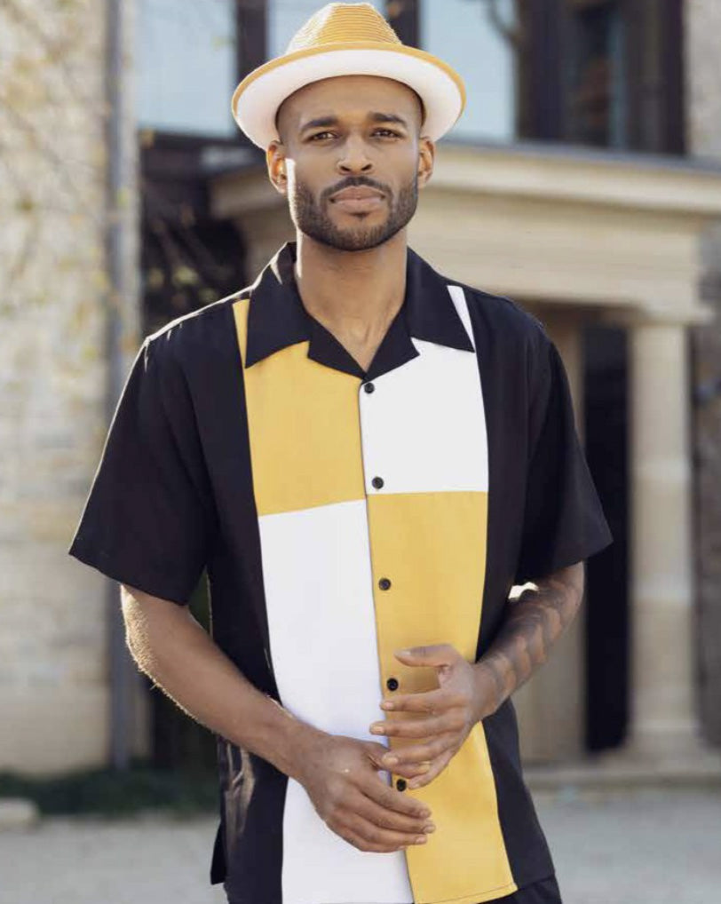 Gold Color Block Walking Suit 2 Piece Short Sleeve Set