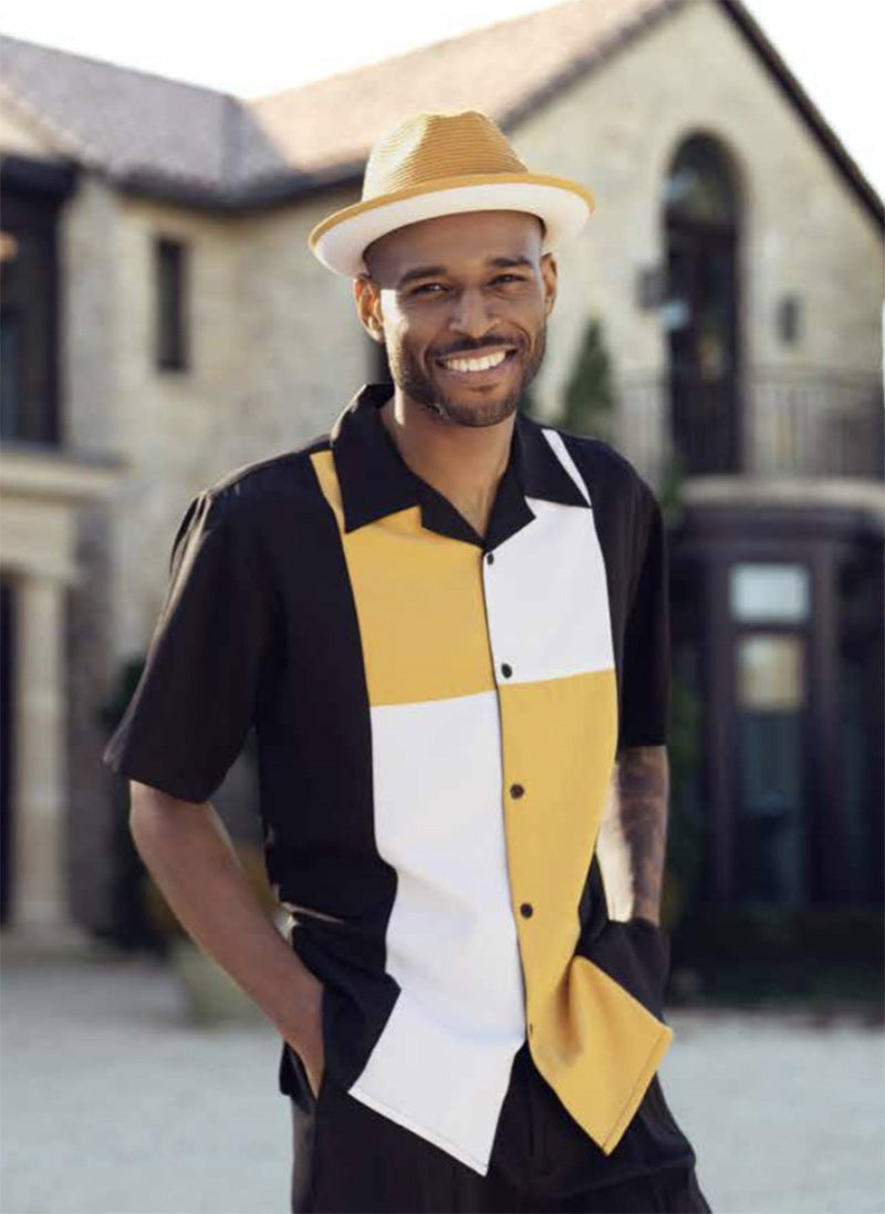 Gold Color Block Walking Suit 2 Piece Short Sleeve Set