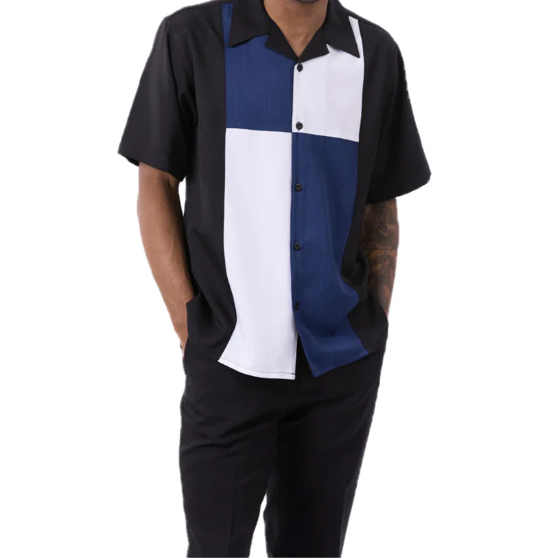 Navy Color Block Walking Suit 2 Piece Short Sleeve Set