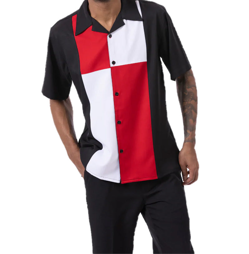 Red Color Block Walking Suit 2 Piece Short Sleeve Set