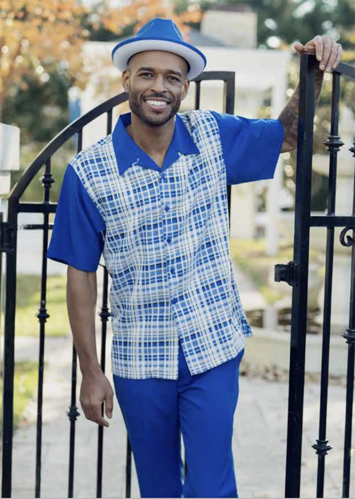 Cobalt Blue Plaid Walking Suit 2 Piece Short Sleeve Set