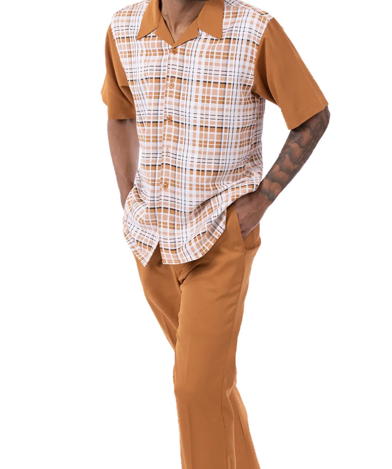 Close-up of the checkered short sleeve on the Cognac Plaid Walking Suit 2 Piece Short Sleeve Set, showing buttons.