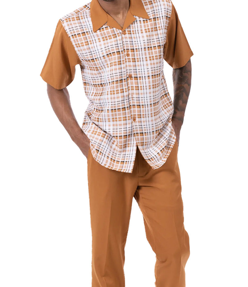 Close-up of the checkered short sleeve of the Cognac Plaid Walking Suit 2 Piece Set top, showing buttons, collar, and pocket.