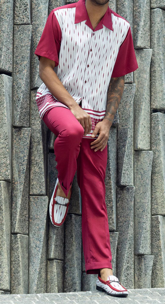 Burgundy Abstract Design Walking Suit 2 Piece Short Sleeve Set