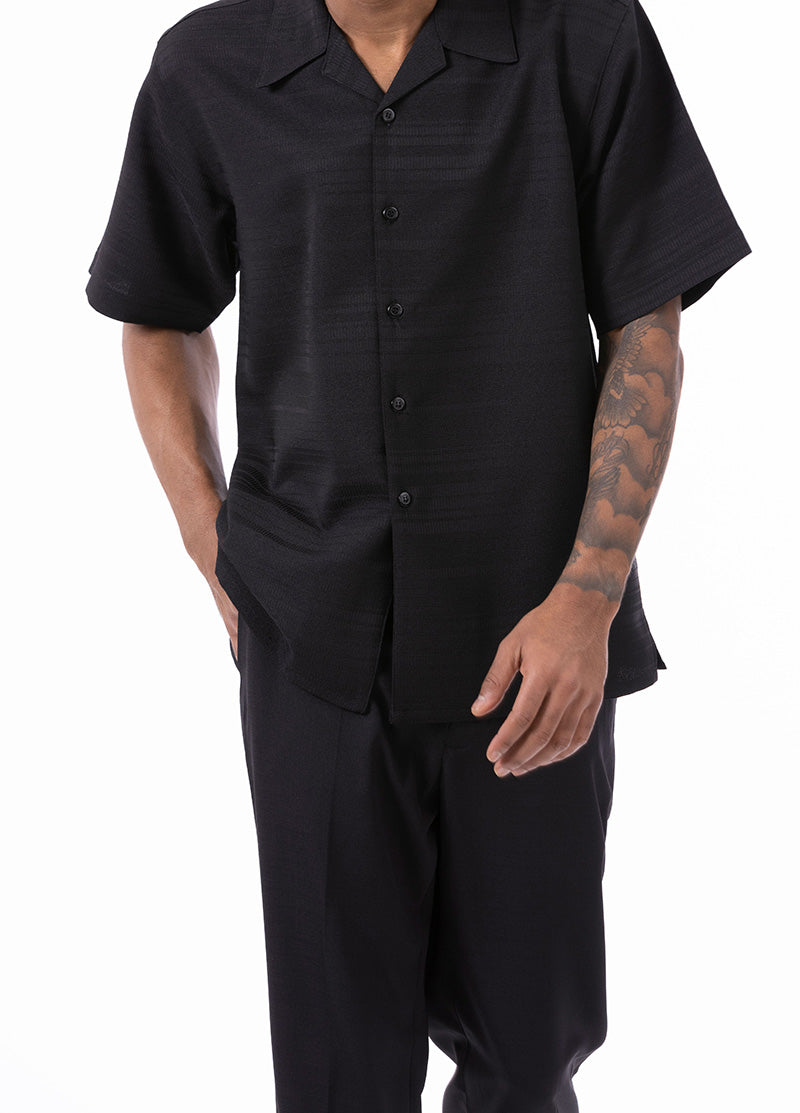 Black Tone on Tone Horizontal Stripes Walking Suit 2 Piece Short Sleeve Set
