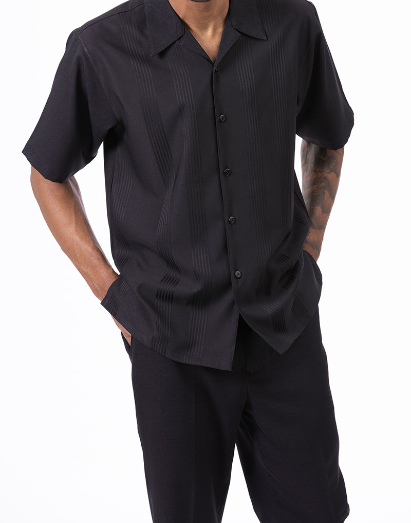 Black Tone on Tone Vertical Stripes Walking Suit 2 Piece Short Sleeve Set