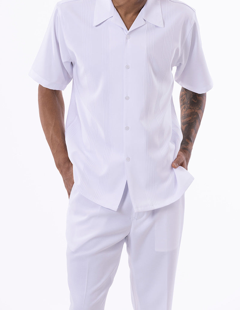 White Tone on Tone Vertical Stripes Walking Suit 2 Piece Short Sleeve Set