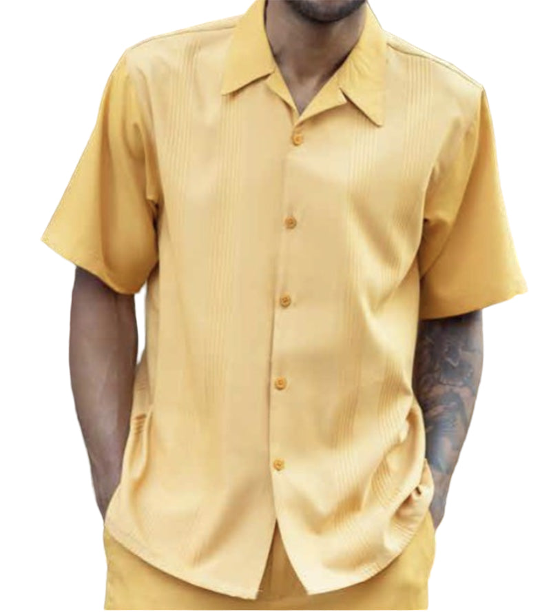 Gold Tone on Tone Vertical Stripes Walking Suit 2 Piece Short Sleeve Set