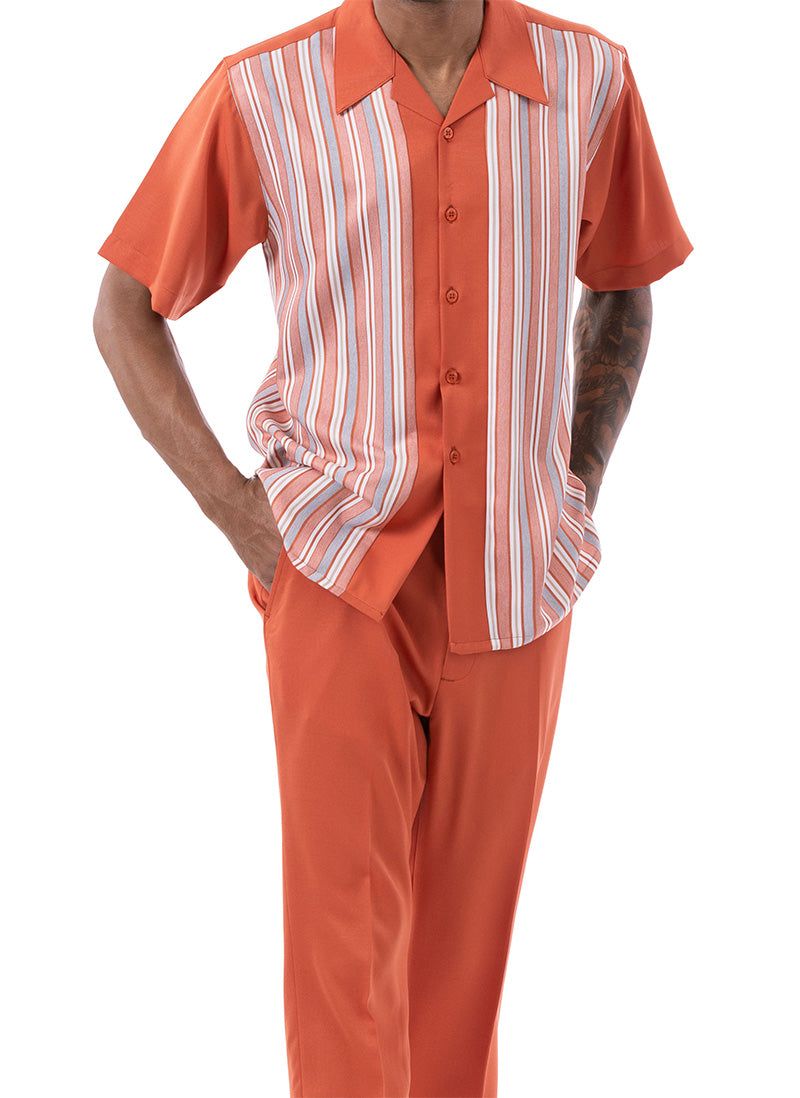 Close-up of the pinstripe short sleeve, collar, button, and pocket on the Papaya Tone on Tone Stripes Walking Suit.