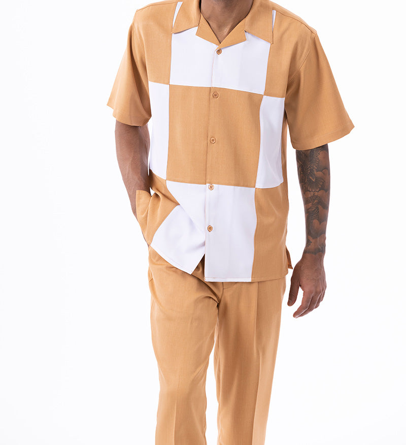 Cognac Color Block Walking Suit 2 Piece Short Sleeve Set