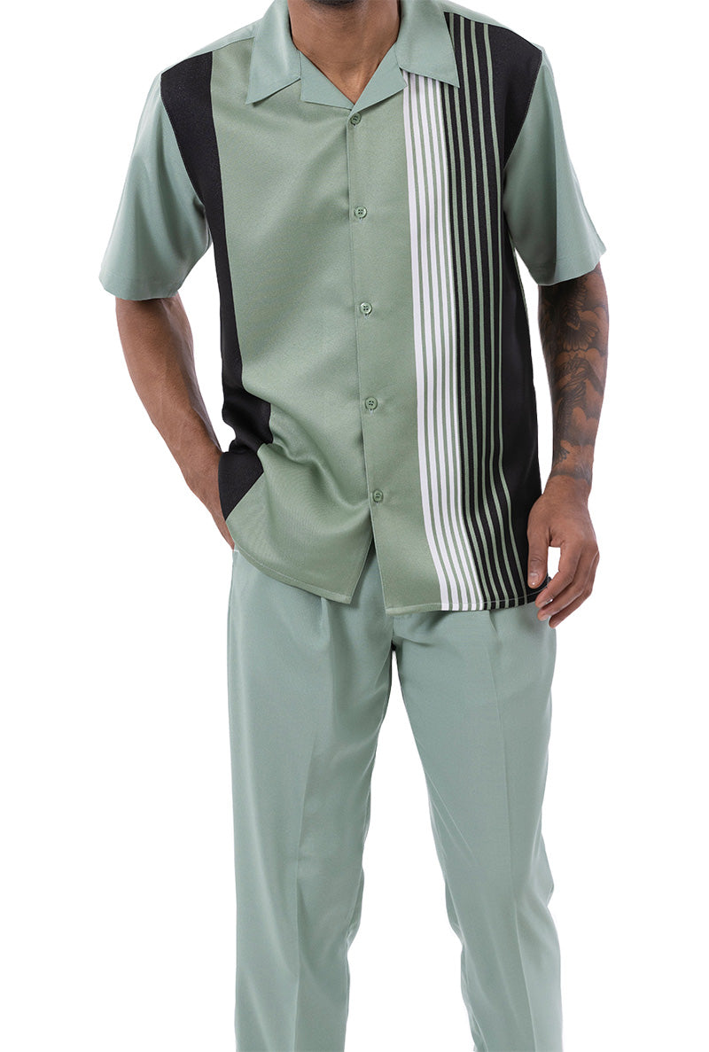 Pinstripe short sleeve of Apple Vertical Stripe Design Walking Suit, showing collar, buttons, and pocket.