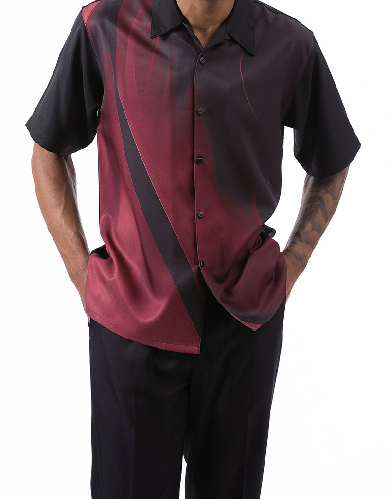 Solid Burgundy Art Design Walking Suit short sleeve, collar, buttons, and pocket detail on white.