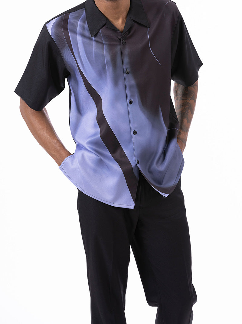 Solid lavender short sleeve of Montique Walking Suit top, with visible buttons and pocket.