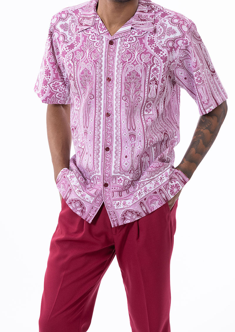 Burgundy Floral Pattern Walking Suit 2 Piece Short Sleeve Set
