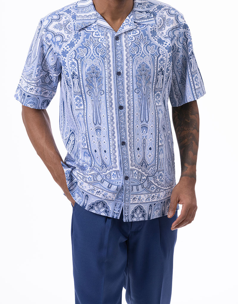 Navy Floral Pattern Walking Suit 2 Piece Short Sleeve Set