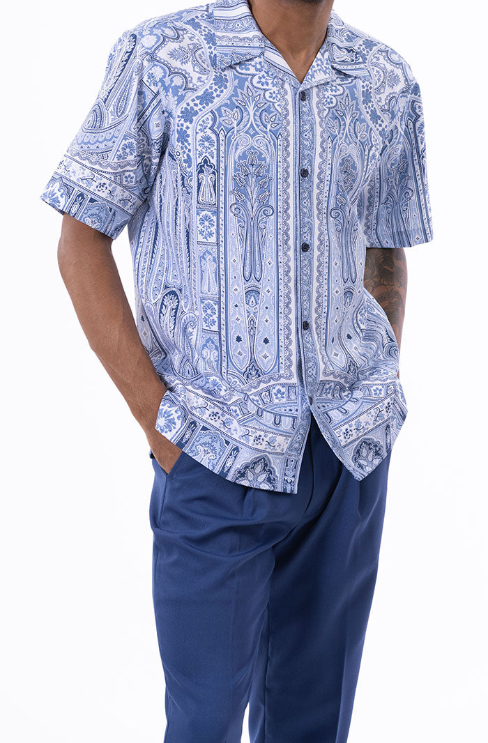 Navy Floral Pattern Walking Suit 2 Piece Short Sleeve Set
