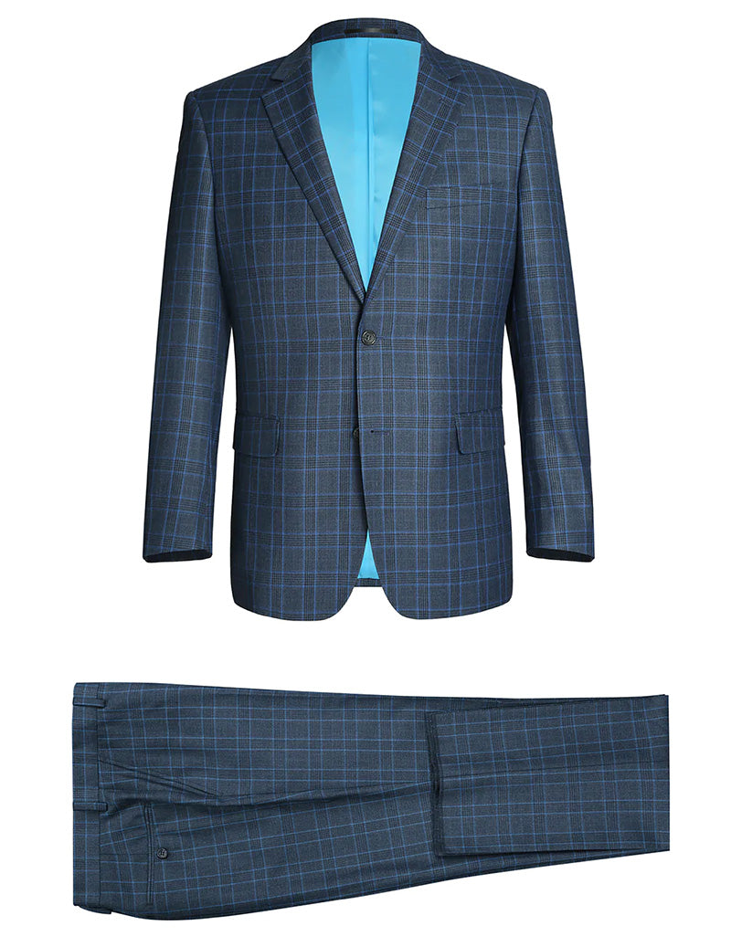 Regular Fit 2 Piece Dress Suit Windowpane in Blue blazer, showing windowpane pattern and collar.