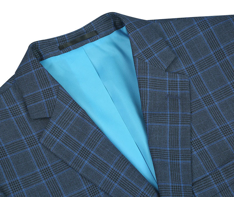 Renoir Regular Fit 2 Piece Dress Suit Windowpane in Blue jacket, showing checkered pattern, notch lapels, and front buttons.