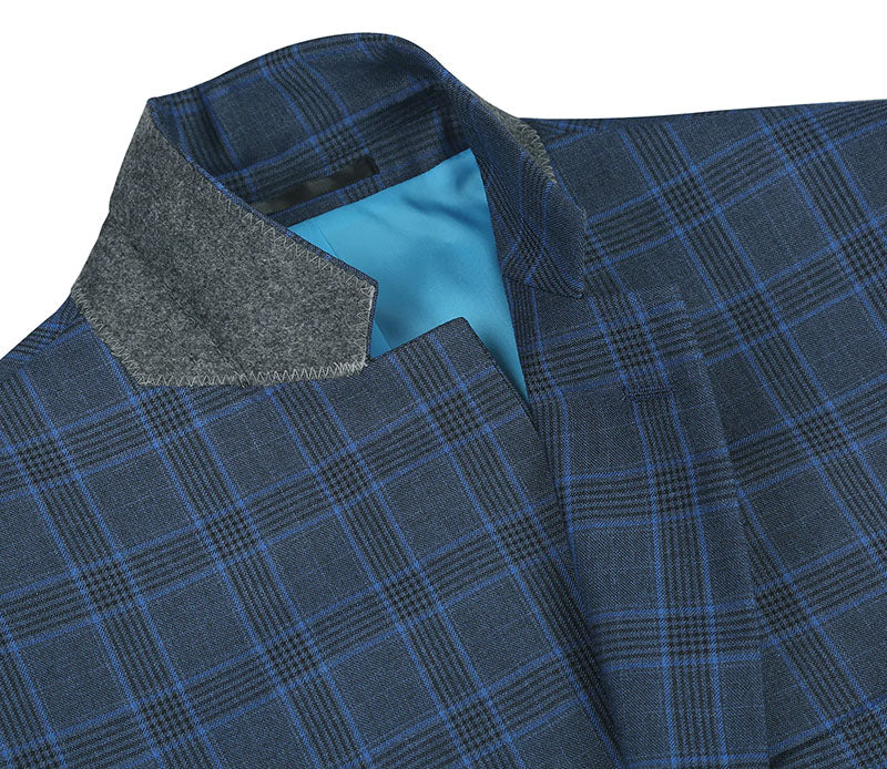 Close-up of the blue Renoir Regular Fit 2 Piece Dress Suit, featuring a windowpane pattern on the collar and pocket.