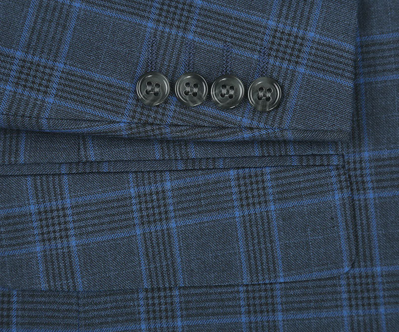 A blue windowpane checkered Renoir Regular Fit 2 Piece Dress Suit jacket on a mannequin, with notch lapels.