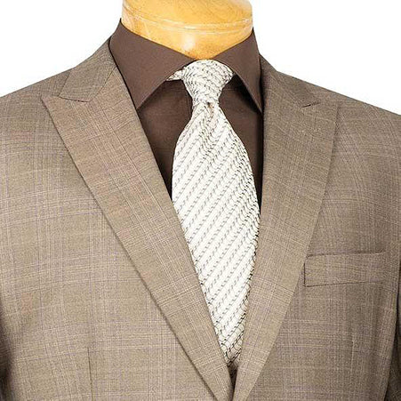 Vinci Pompey Collection Men's Tan Glen Plaid Dress Suit jacket, 2 Piece Regular Fit, with a tie and collar.