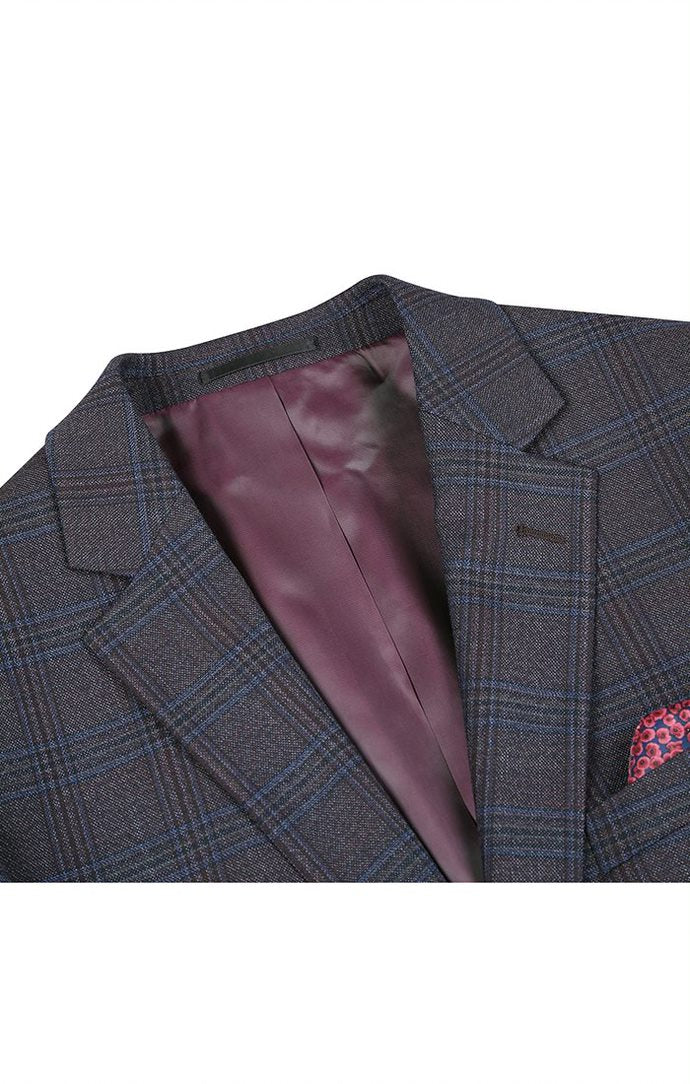 Checkered Renoir Wool Blend Plaid Pattern Regular Fit 2 Button Blazer jacket in Burgundy.