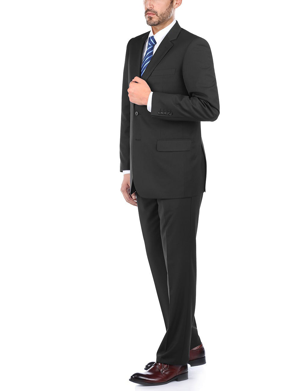 Bevagna Collection - Black 100% Virgin Wool Regular Fit Pick Stitch 2 Piece Suit 2 Button