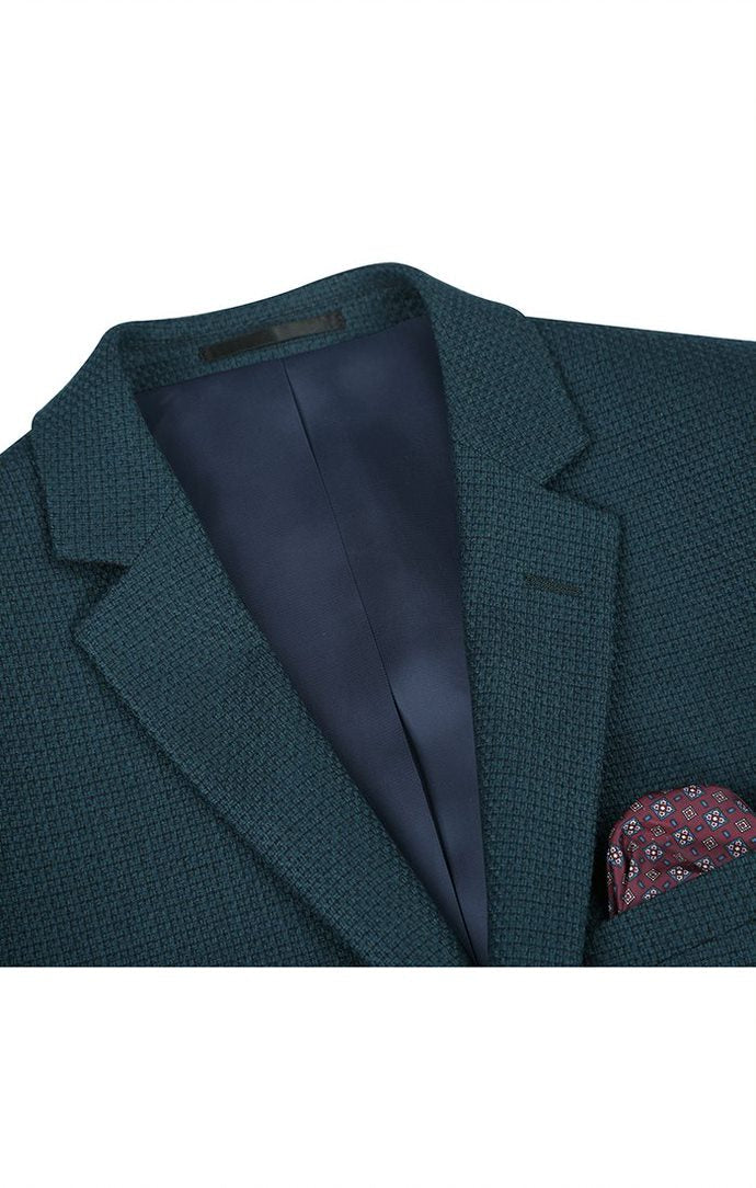 Men's Slim Fit Blazer Wool Blend Sports Jacket in solid Emerald Green, showing collar, button, and pocket.