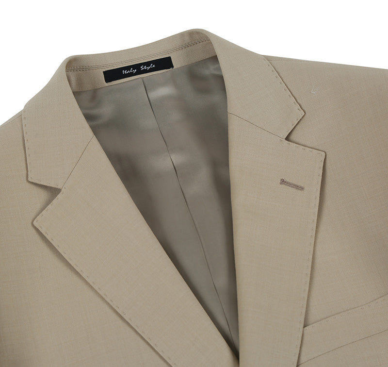 Bevagna Collection - Beige 100% Virgin Wool Regular Fit Pick Stitch 2 Piece Suit 2 Button