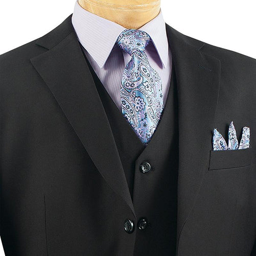 Vinci Regular Fit Men's Suit 3 Button 3 Piece Black solid blazer jacket with collar, three buttons, tie, and pockets.