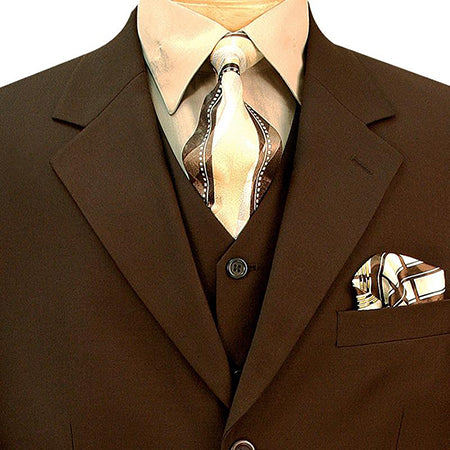 Solid brown Vinci Avalon Collection Regular Fit 3 Button 3 Piece suit jacket, with tie, collar, buttons, and pockets visible.