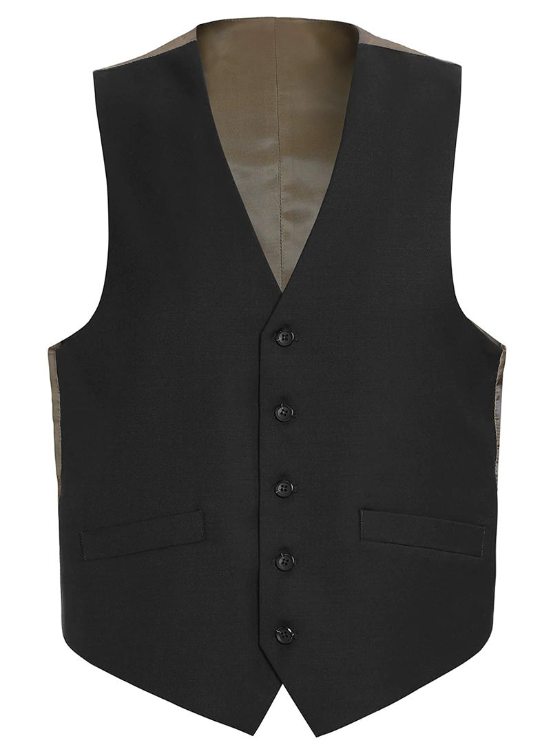 Renoir Bevagna Collection solid black wool regular fit dress vest with 5 buttons.