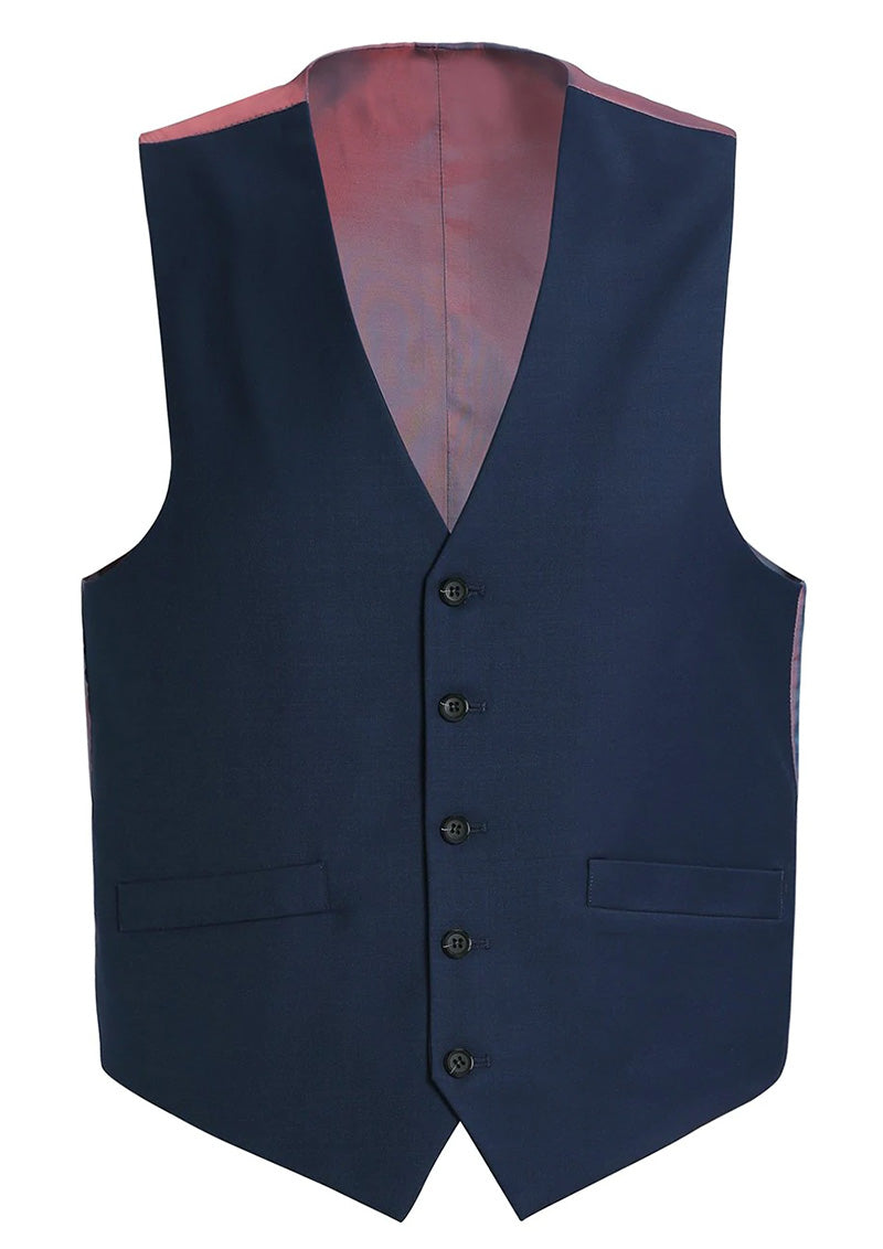 Close-up of a solid blue Renoir Bevagna Collection Wool Suit Dress Vest, 5 buttons regular fit, highlighting a pocket detail.