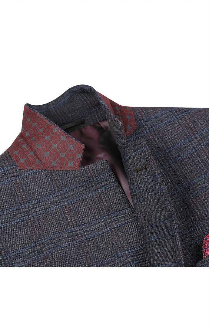 Renoir Burgundy Wool Blend checkered plaid regular fit 2 button blazer jacket, with notch lapels, displayed on mannequin.