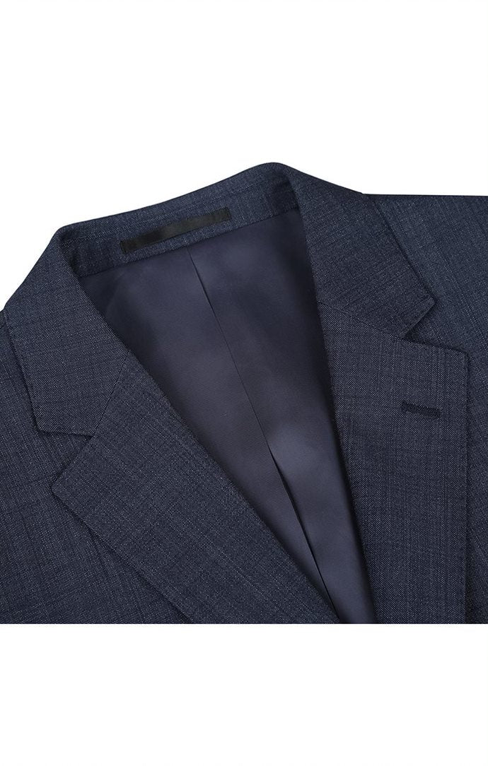 Solid navy Renoir Wool Blend Regular Fit 2 Piece Suit blazer with 2 buttons, showing collar and pocket.