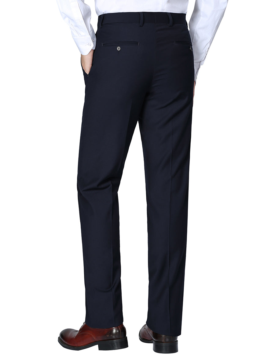 Solid Renoir Dress Pants Regular Leg Un-Hemmed Bottoms in Dark Navy on a white background.