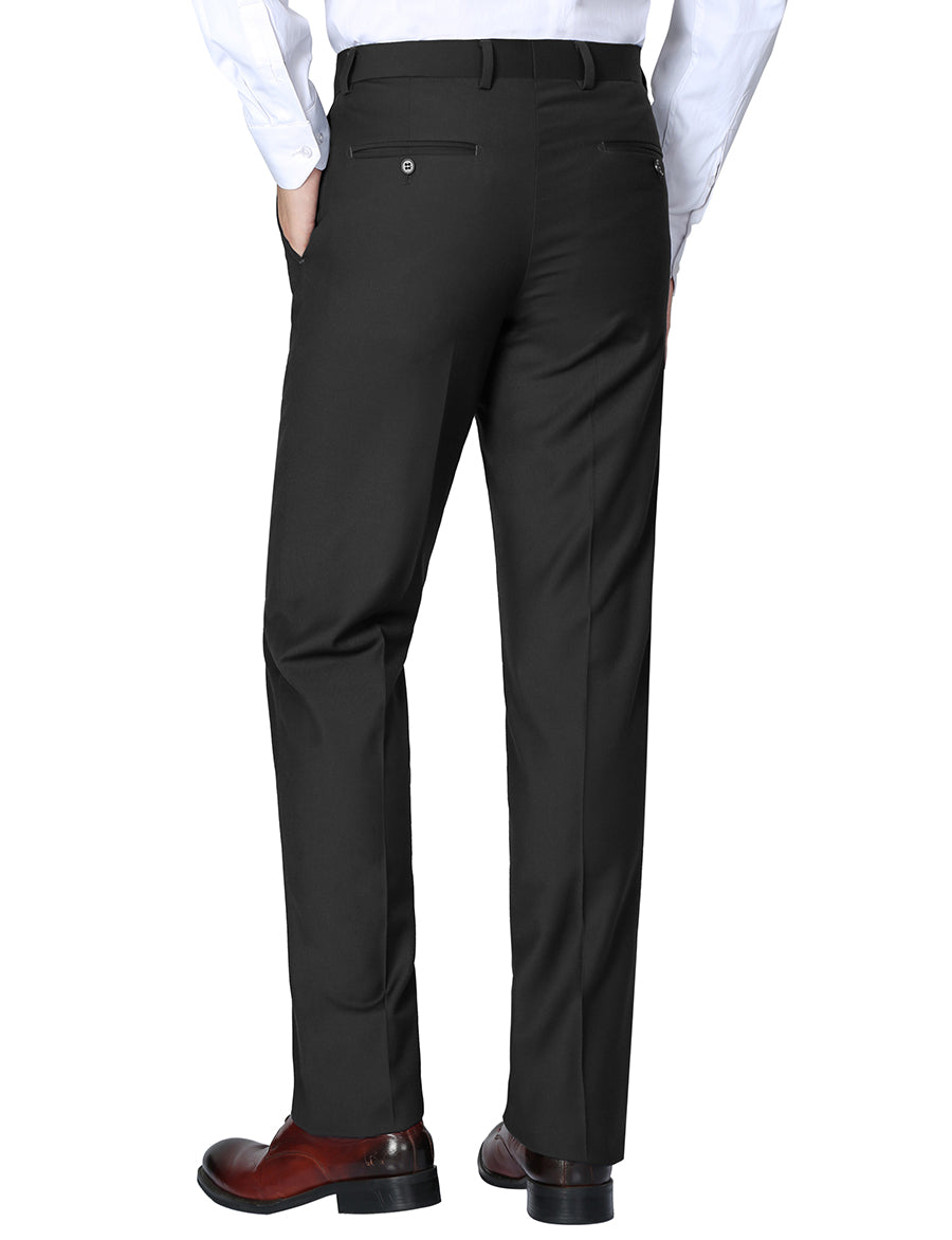 Full-length navy pinstripe two-button suit with white shirt, red tie, and brown Oxford shoes.