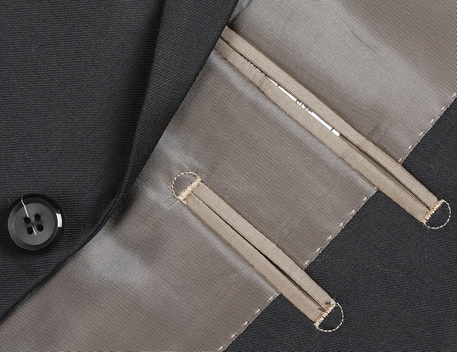 Bevagna Collection - Black 100% Virgin Wool Regular Fit Pick Stitch 2 Piece Suit 2 Button