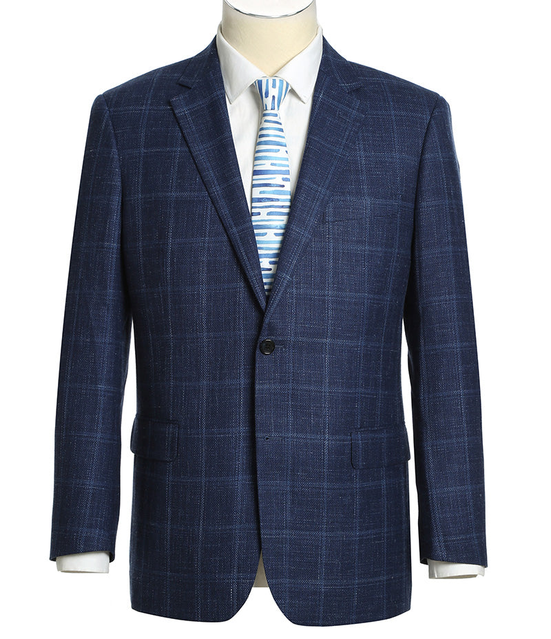 Wool and Silk Regular Fit Blazer Windowpane Pattern in Navy
