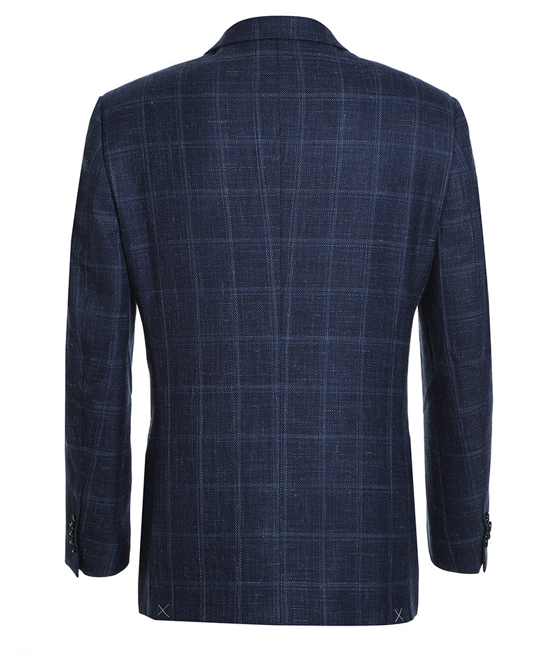 Wool and Silk Regular Fit Blazer Windowpane Pattern in Navy