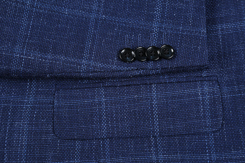 Wool and Silk Regular Fit Blazer Windowpane Pattern in Navy